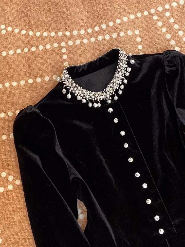 Blouses for Women Black Heavy Beading O-neck Puff Sleeve Shirts 2025 Blusas Mujer De Moda Slim Fit Velvet Vintage Blouse Tops