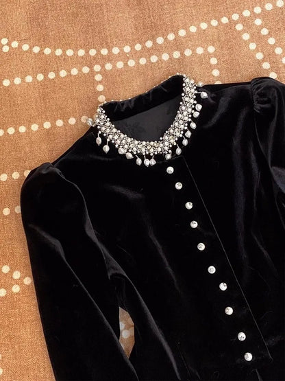 Blouses for Women Black Heavy Beading O-neck Puff Sleeve Shirts 2025 Blusas Mujer De Moda Slim Fit Velvet Vintage Blouse Tops