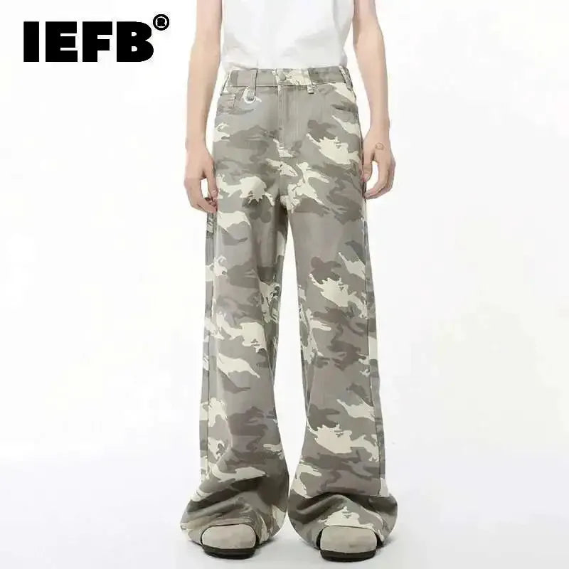 IEFB High Street Men's Denim Pants Camouflage Casaul Straight Bottom Simple Wide Leg Loose Trousers Spring Stylish 2026 9C354