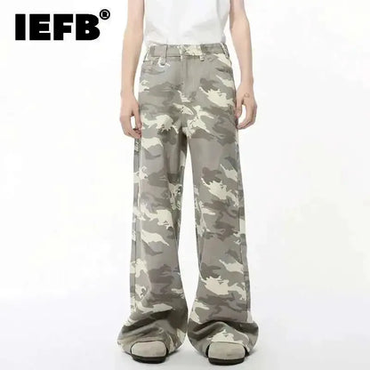 IEFB High Street Men's Denim Pants Camouflage Casaul Straight Bottom Simple Wide Leg Loose Trousers Spring Stylish 2026 9C354