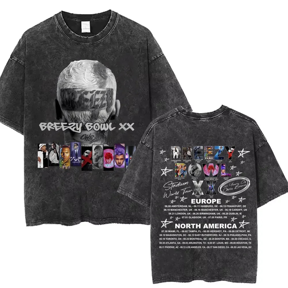 Vintage Washed Chris Brown Graphic T-shirt Breezy Bowl XX Tour 2025 Merch T Shirts Men Women Hip Hop Fashion Oversized T-shirts