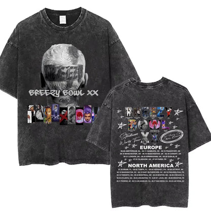 Vintage Washed Chris Brown Graphic T-shirt Breezy Bowl XX Tour 2025 Merch T Shirts Men Women Hip Hop Fashion Oversized T-shirts