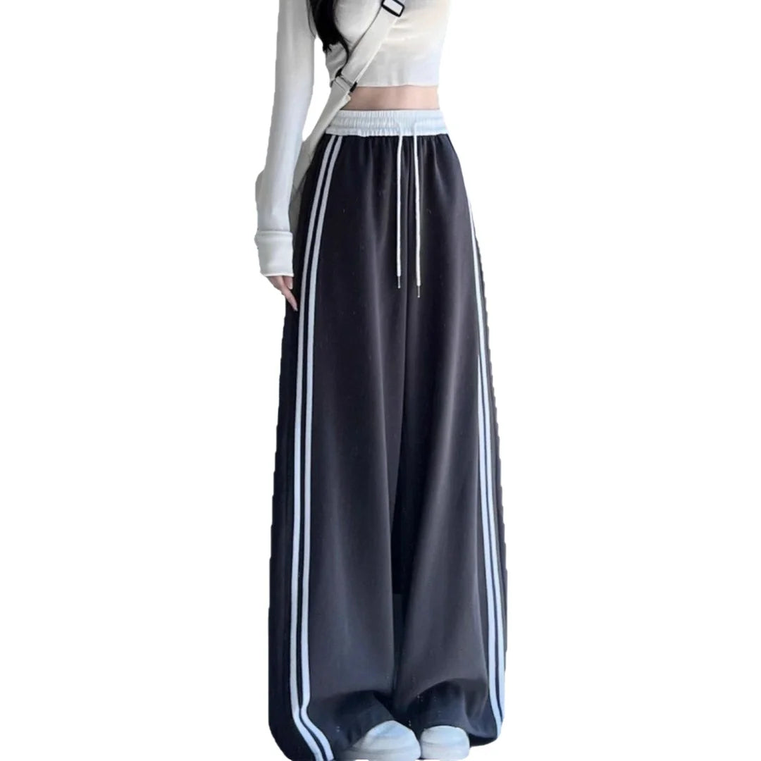 High Waist Wide Leg Pants Women's Spring Autumn New Style Loose American Knife Edge Sports Trousers Color Block Striped
