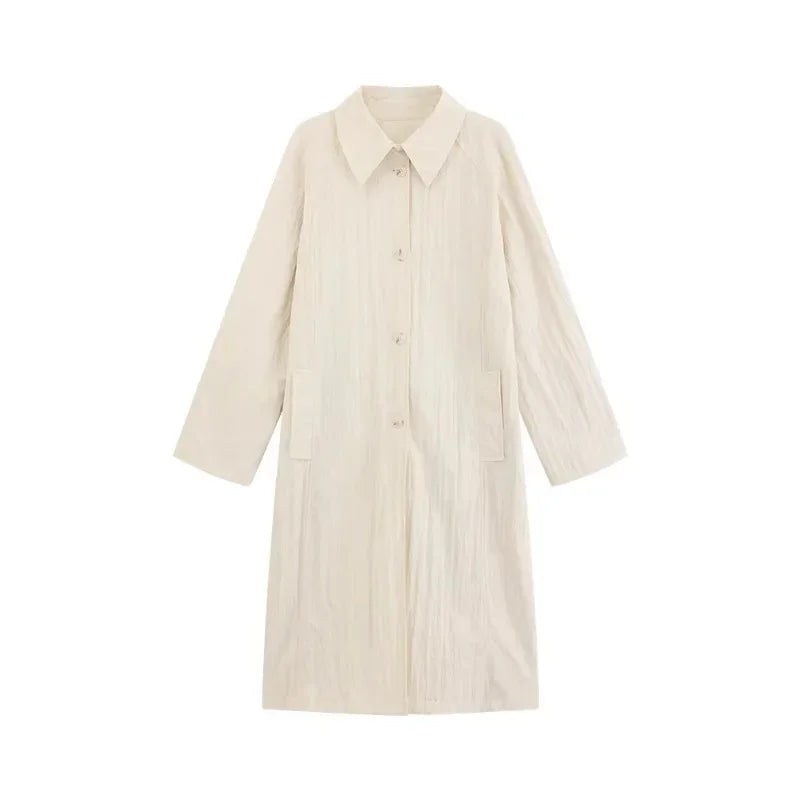 Wrinkled Double Cuff Belted Sleeve Trench Coat Women Loose Fit Lapel Collar Outerwear 2025 Casual Mid-Length Stylish Overcoat