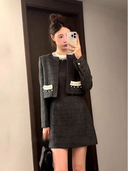 Fashion Design Nail Beads Sleeveless Dress Women 2024 New Autumn Short A-line Skirt Coat Set Women Commit Sexy Two Piece