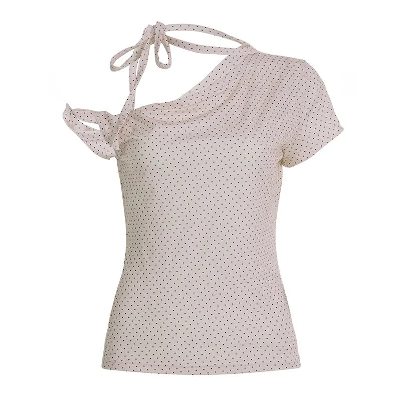 Fashion Polka Dot Prints Slim Fit Folds Women T-Shirts Sweet Cute Chic Design One-Shoulder Summer Shirts