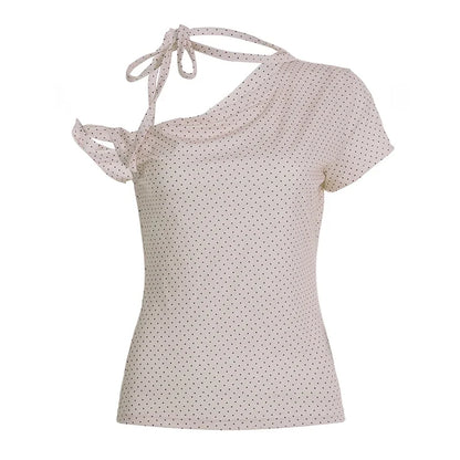 Fashion Polka Dot Prints Slim Fit Folds Women T-Shirts Sweet Cute Chic Design One-Shoulder Summer Shirts