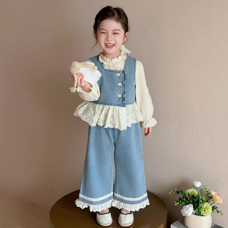 TZ2565/CS2567 Spring and Autumn Girls' Sleeveless Cowboy vest Set with Solid Color Lace Shirt Fashion New Product