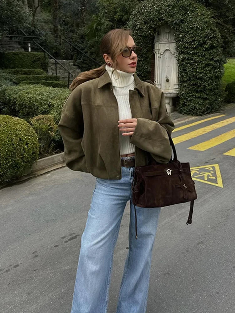 Single Breasted Buckle Casual Suede Jacket Women Chic Shoulder Pad Full Sleeve Lapel Slim Coat Autumn Lady New Highstreet Wear