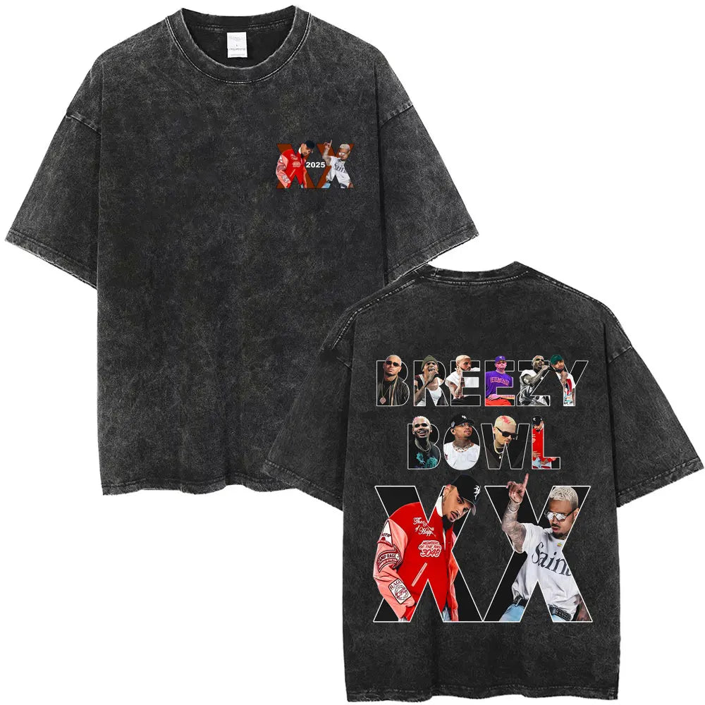 Vintage Washed Chris Brown Graphic T-shirt Breezy Bowl XX Tour 2025 Merch T Shirts Men Women Hip Hop Fashion Oversized T-shirts