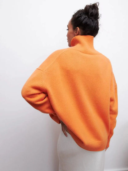 Original Light Luxury O-neck Knit Sweater Autumn And Winter Women's Elegant Loose Mock Neck Solid Color Warm Outerwear Sweater