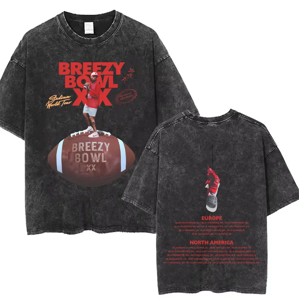 Vintage Washed Chris Brown Graphic T-shirt Breezy Bowl XX Tour 2025 Merch T Shirts Men Women Hip Hop Fashion Oversized T-shirts