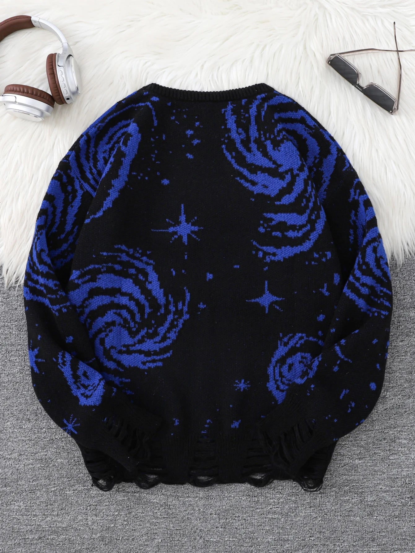 New Trendy Street Style Ripped Abstract Starry Sky Pattern Pullover Ripped Sweater Casual Crew Neck Knitted Men's Pullover