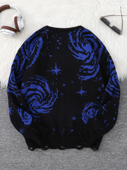 New Trendy Street Style Ripped Abstract Starry Sky Pattern Pullover Ripped Sweater Casual Crew Neck Knitted Men's Pullover