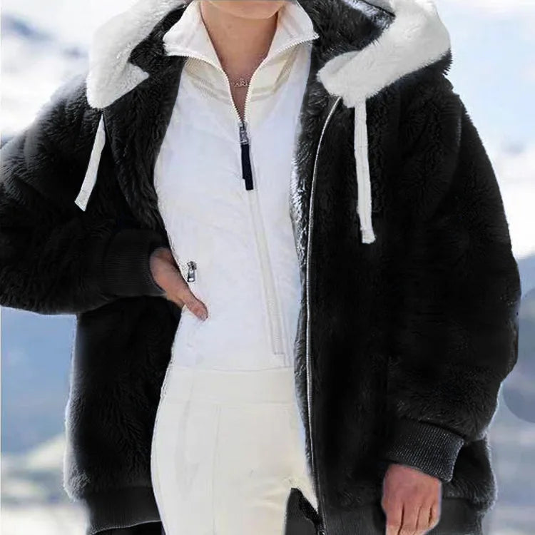 New Autumn/Winter Loose Plush Zipper Hooded Coat for Women