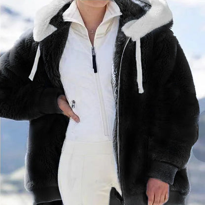 New Autumn/Winter Loose Plush Zipper Hooded Coat for Women