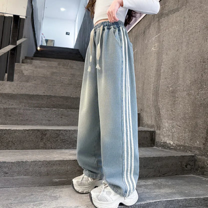 Girls' striped Jeans Spring Children's Fashionable wide leg pants Korean version Autumn medium and large Kids versatile Pants
