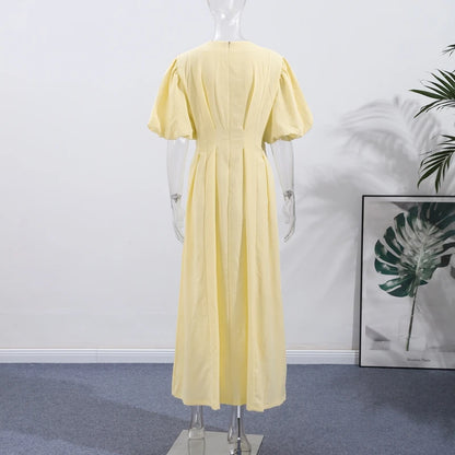 Casual Yellow Short Puff Sleeve Women Dress Loose Solid O-neck Pleated High Waist Female Maxi Dresses 2025 Summer Chic Lady Robe