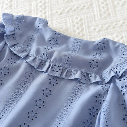 Bear Leader Blue Embroidered Flower Kids Clothes Girls Autumn Long Sleeved Lapel Single Breasted Shirt Top+Short Skirt 2Pcs Set