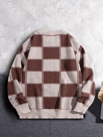 Retro Trendy Plaid Jacquard Pattern Pullover Sweater Casual Round Neck Color-Block Knit Men's Pullover