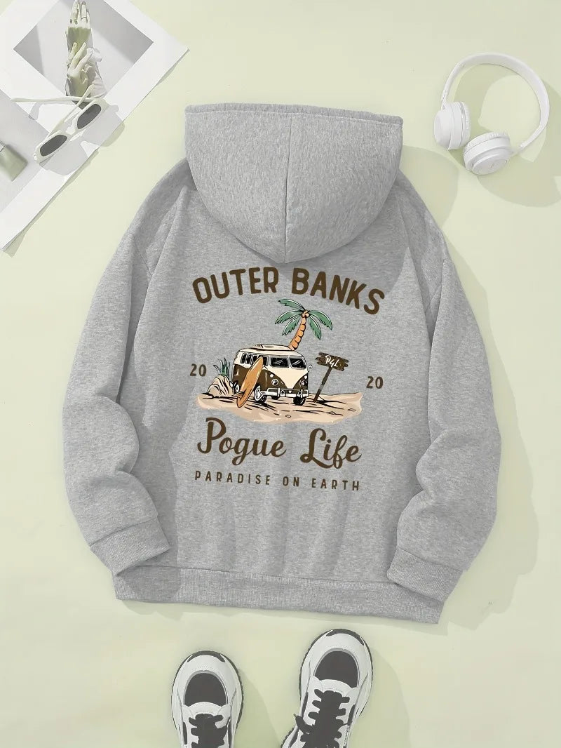 Cozy Hoodie Women's Casual Hoodie  Outer Banks Pogue Life Letter Print  Beach Graphic Kangaroo Pocket Cozy Autumn Apparel Trendy