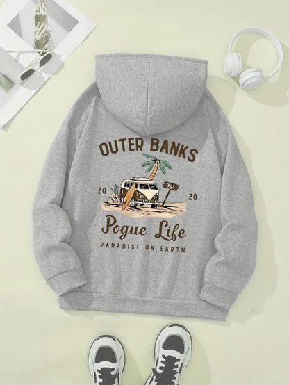 Cozy Hoodie Women's Casual Hoodie  Outer Banks Pogue Life Letter Print  Beach Graphic Kangaroo Pocket Cozy Autumn Apparel Trendy