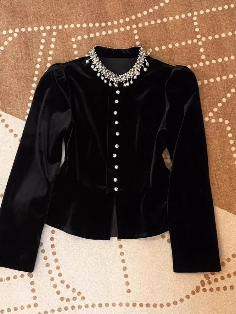 Blouses for Women Black Heavy Beading O-neck Puff Sleeve Shirts 2025 Blusas Mujer De Moda Slim Fit Velvet Vintage Blouse Tops