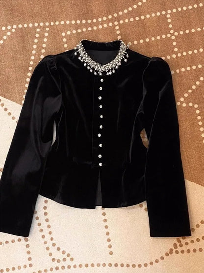 Blouses for Women Black Heavy Beading O-neck Puff Sleeve Shirts 2025 Blusas Mujer De Moda Slim Fit Velvet Vintage Blouse Tops