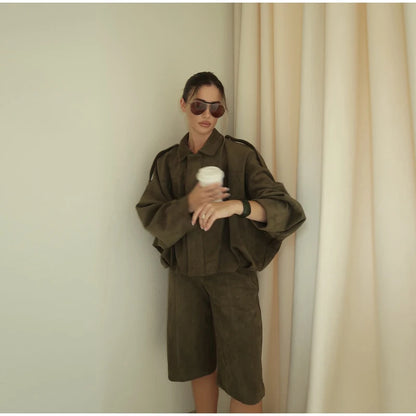 Single Breasted Buckle Casual Suede Jacket Women Chic Shoulder Pad Full Sleeve Lapel Slim Coat Autumn Lady New Highstreet Wear
