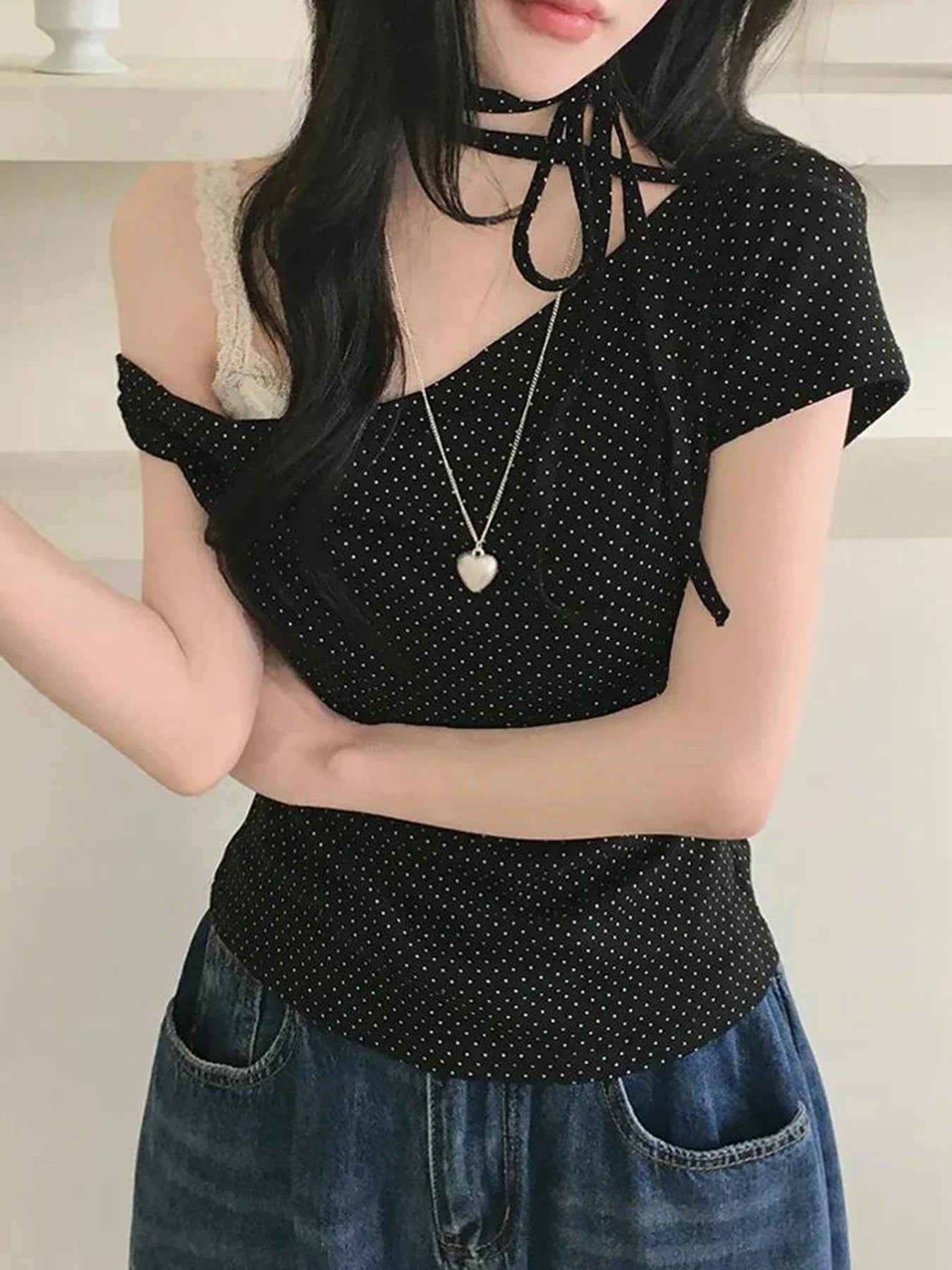 Fashion Polka Dot Prints Slim Fit Folds Women T-Shirts Sweet Cute Chic Design One-Shoulder Summer Shirts