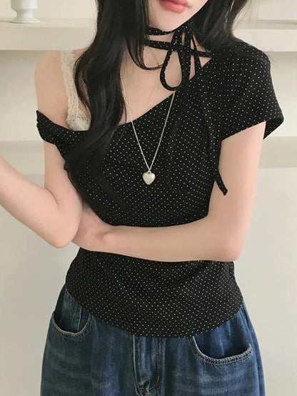Fashion Polka Dot Prints Slim Fit Folds Women T-Shirts Sweet Cute Chic Design One-Shoulder Summer Shirts
