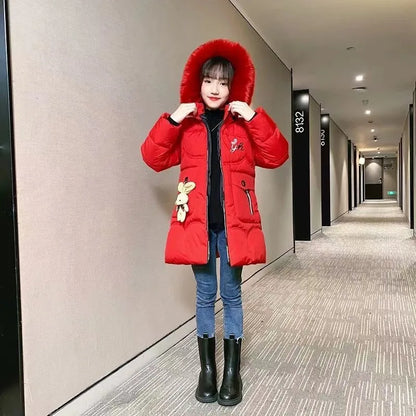 5-14 Years Old Winter Boys Girls Jacket Long Style Hooded Fur Collar Colorful Heavy Coat For Kids Children Outerwear