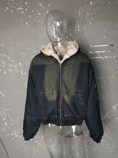 PFNW Menswear Thickened Denim Quilted Padded Jackets Autumn Winter Trend 2024 New Oversized Fur Collar Hooded Cotton-padded Coat