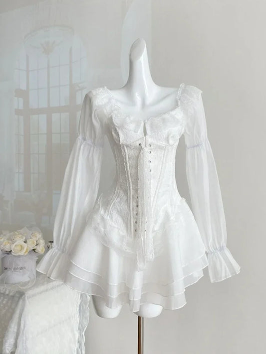 Aesthetic Sweet Slim Elegant Mini Dress Women Lace Up French Vintage Design Short Party Dress Female Solid Elegant Clothes 2025