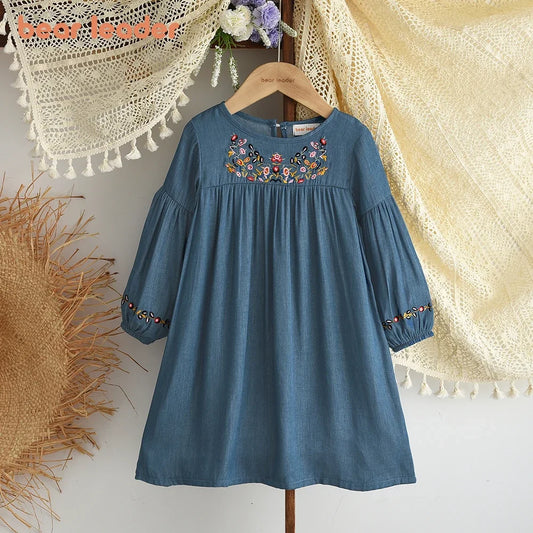 Bear Leader Korean Version Long Sleeve Blue Girls dresses on clearance sale Autumn Imitation Denim Flower Embroidery Dress