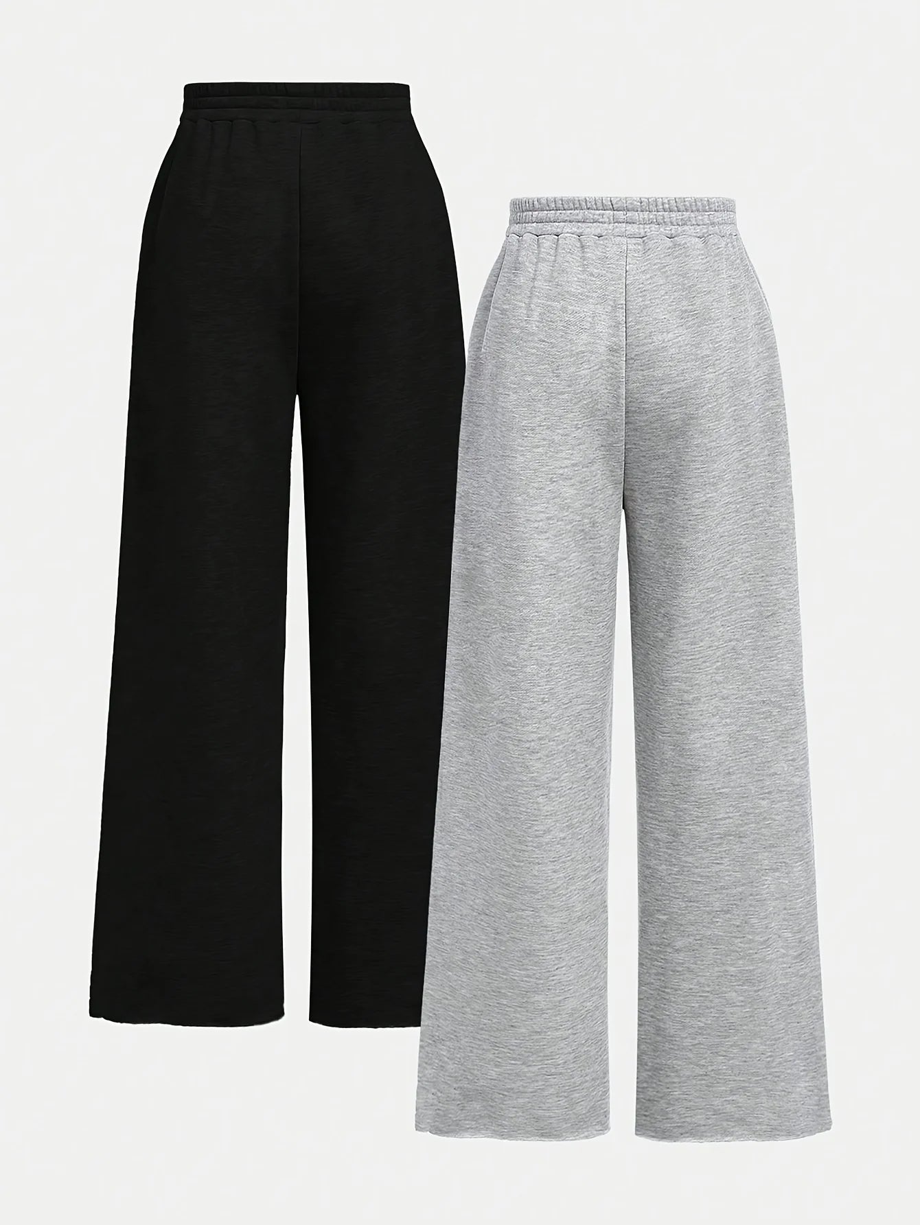 【2-piece set】 Fashionable and versatile girls' black and grey combination knitted fabric loose casual wide-leg pants
