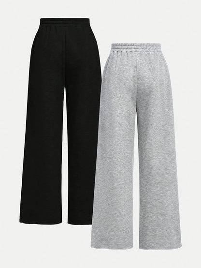 【2-piece set】 Fashionable and versatile girls' black and grey combination knitted fabric loose casual wide-leg pants