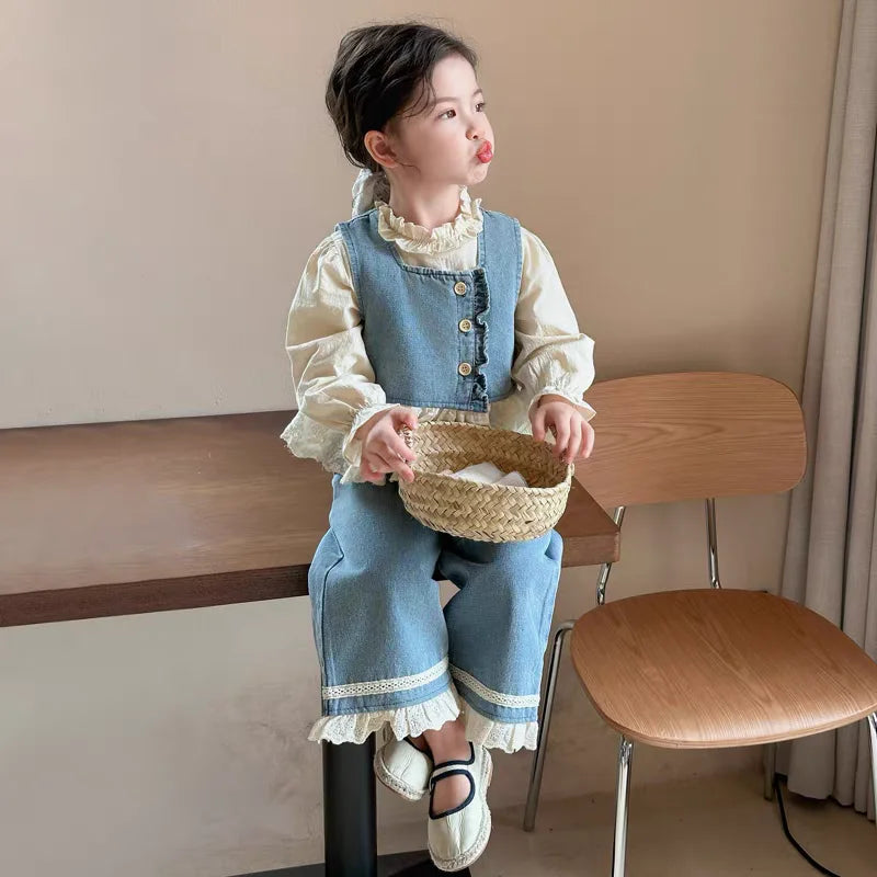 TZ2565/CS2567 Spring and Autumn Girls' Sleeveless Cowboy vest Set with Solid Color Lace Shirt Fashion New Product