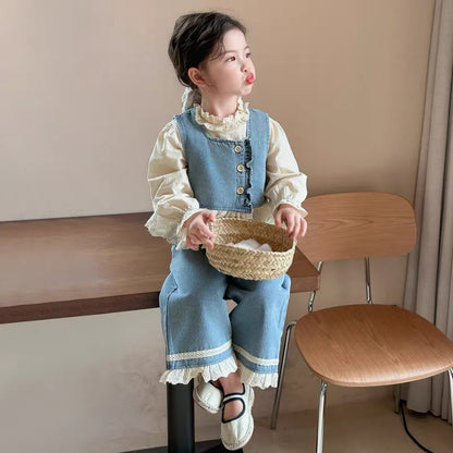 TZ2565/CS2567 Spring and Autumn Girls' Sleeveless Cowboy vest Set with Solid Color Lace Shirt Fashion New Product