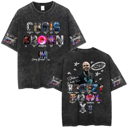 Vintage Washed Chris Brown Graphic T-shirt Breezy Bowl XX Tour 2025 Merch T Shirts Men Women Hip Hop Fashion Oversized T-shirts