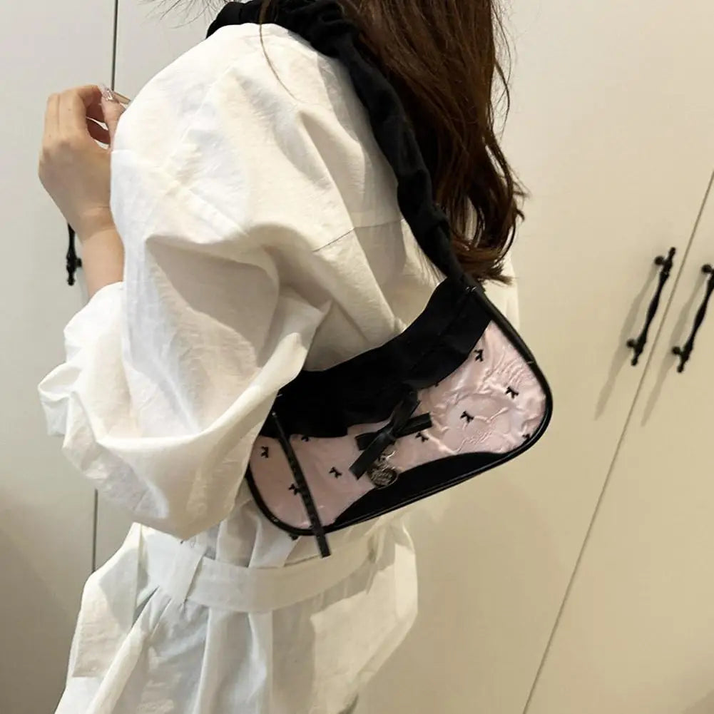 Fashion Grid Women Bag Lace Ribbon Stretchable Shoulder Strap Single Shoulder Underarm Bag Daily Commuting Student Handbag