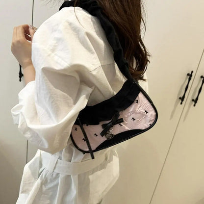 Fashion Grid Women Bag Lace Ribbon Stretchable Shoulder Strap Single Shoulder Underarm Bag Daily Commuting Student Handbag