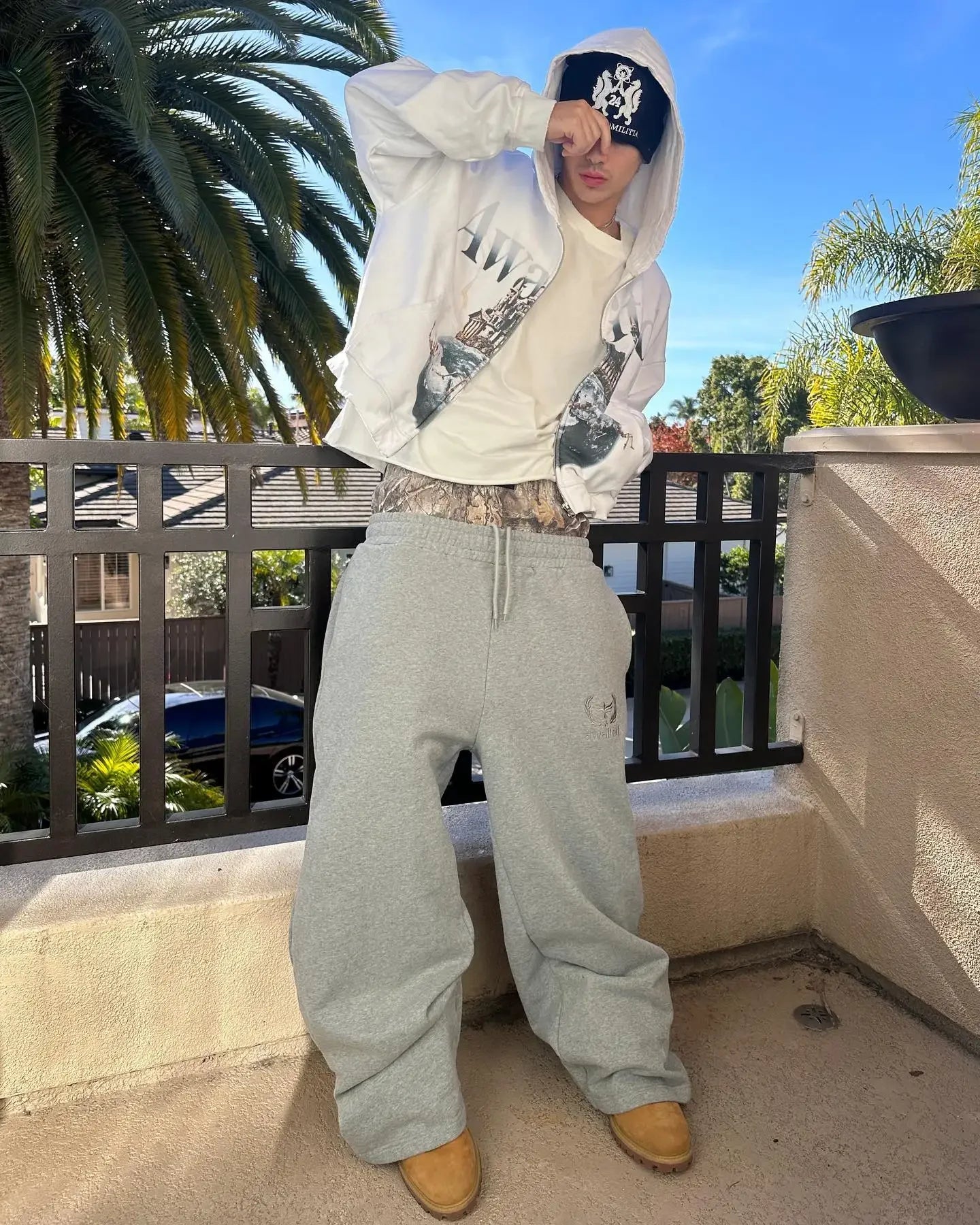 Men's Y2K Retro Sports Pants Double Cuffs Embroidered Camouflage Pattern Unisex Loose Pants Wide Leg Pants Trendy Casual Street