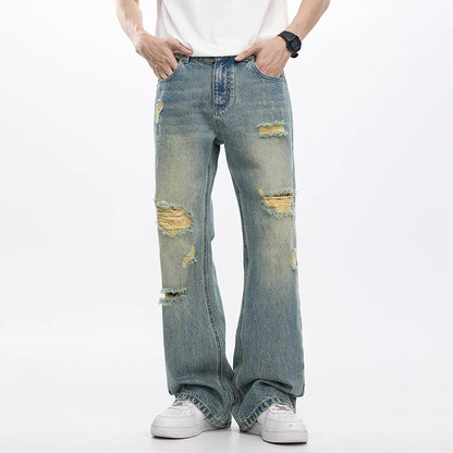 KSTUN Flared Jeans Men Booocut Jean Streetwear Denim Pants Ripped Hollow Out Vintage Jeans Men Distressed Frayed Americian Style