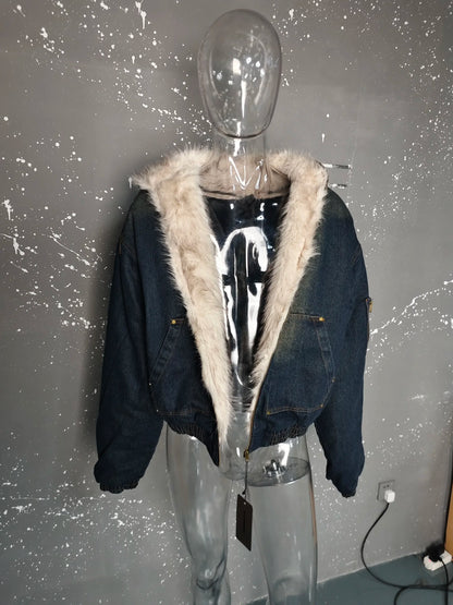 PFNW Menswear Thickened Denim Quilted Padded Jackets Autumn Winter Trend 2024 New Oversized Fur Collar Hooded Cotton-padded Coat