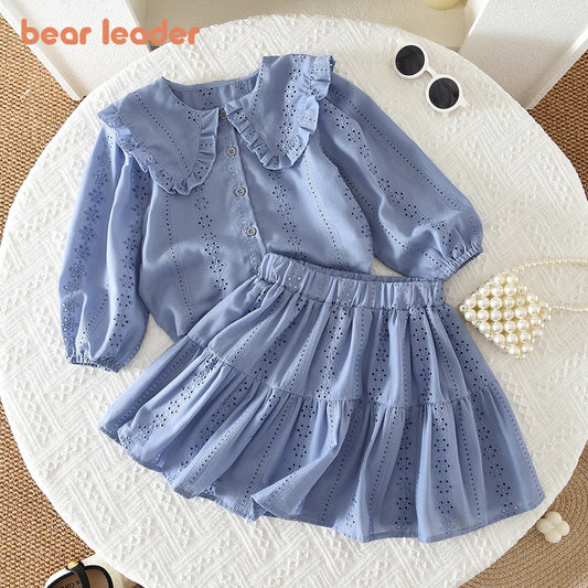 Bear Leader Blue Embroidered Flower Kids Clothes Girls Autumn Long Sleeved Lapel Single Breasted Shirt Top+Short Skirt 2Pcs Set