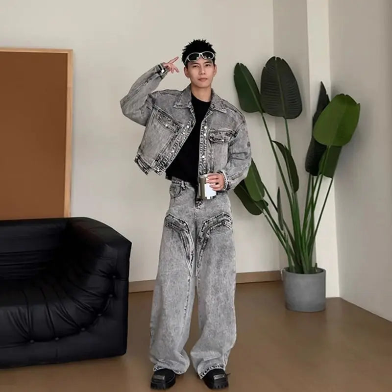 American High-end Jeans Men Women Korean Streetwear Loose 2025 New Spring Autumn Wide-leg Pants Aesthetic Preppy Chic Denim Coat