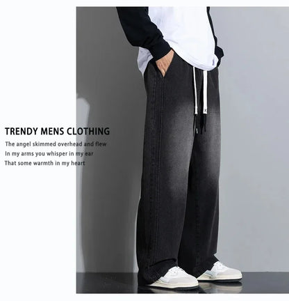 8XL New Wide Leg Washing Jean Pants Men Trousers Neutral Solid Color Loose Casual Straight Outdoor Fashion Plus Size Pants