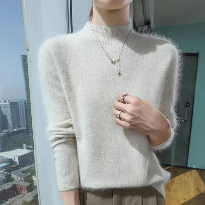 100% Pure Mink Cashmere Knitted Sweater Women's Semi-High Neck Loose Pullovers Casual Joker Warm Bottoming Shirt Autumn Blouse