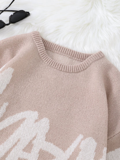 New Popular Spring Autumn Graffiti Jacquard Pattern Pullover Sweater Casual Round Neck Contrast Color Knitted Men's Pullover